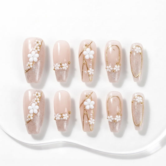 Sun&Beam Nails Handmade Press On Nails Medium Almond Light Pink Pearl Shell Glossy 10 Pieces Reusable for Everyday Wear and Special Occasions (#010 M)