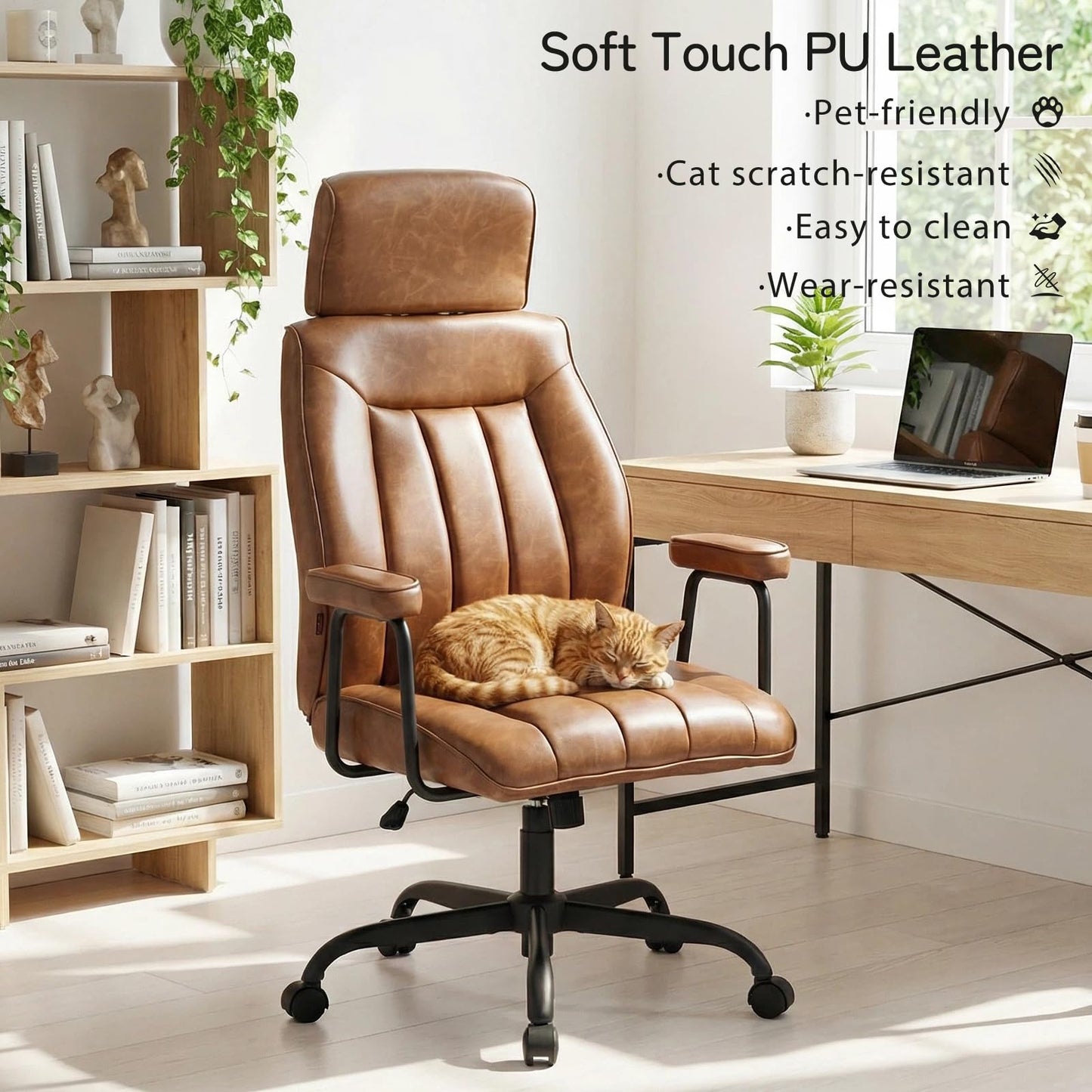 Furniliving Leather Office Chair with Adjustable Headrest, Mid-Century Modern High-Back Office Desk Chair, Ergonomic Computer Chair with Wheels, Armrests, Lumbar Support, Brown