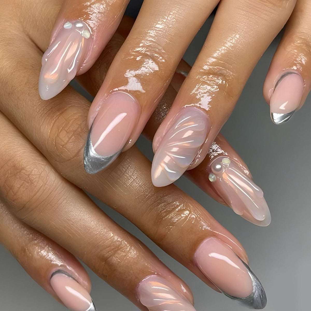 Medium Press On Nails Almond Fake Nails 3D With Pearls Design French Tip False Nails Nude Acrylic Full Cover Glue On Nail Reusable Stick On Nail For Women Manicure Art 24pcs