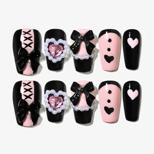 Sun&Beam Nails Handmade Press-on Square Round Trapezoid Nail Design False Nail Tips Pink and Black with Ribbon Stylish 10 Pcs Set (#149 M)