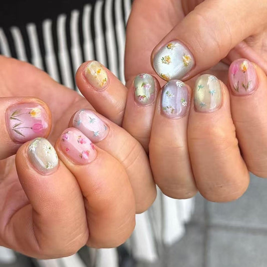 24Pcs Flower Press on Nails Short Square Fake Nails with Glitter Designs Nails Press ons Colorful False Nails Spring Summer Stick on Nails for Women