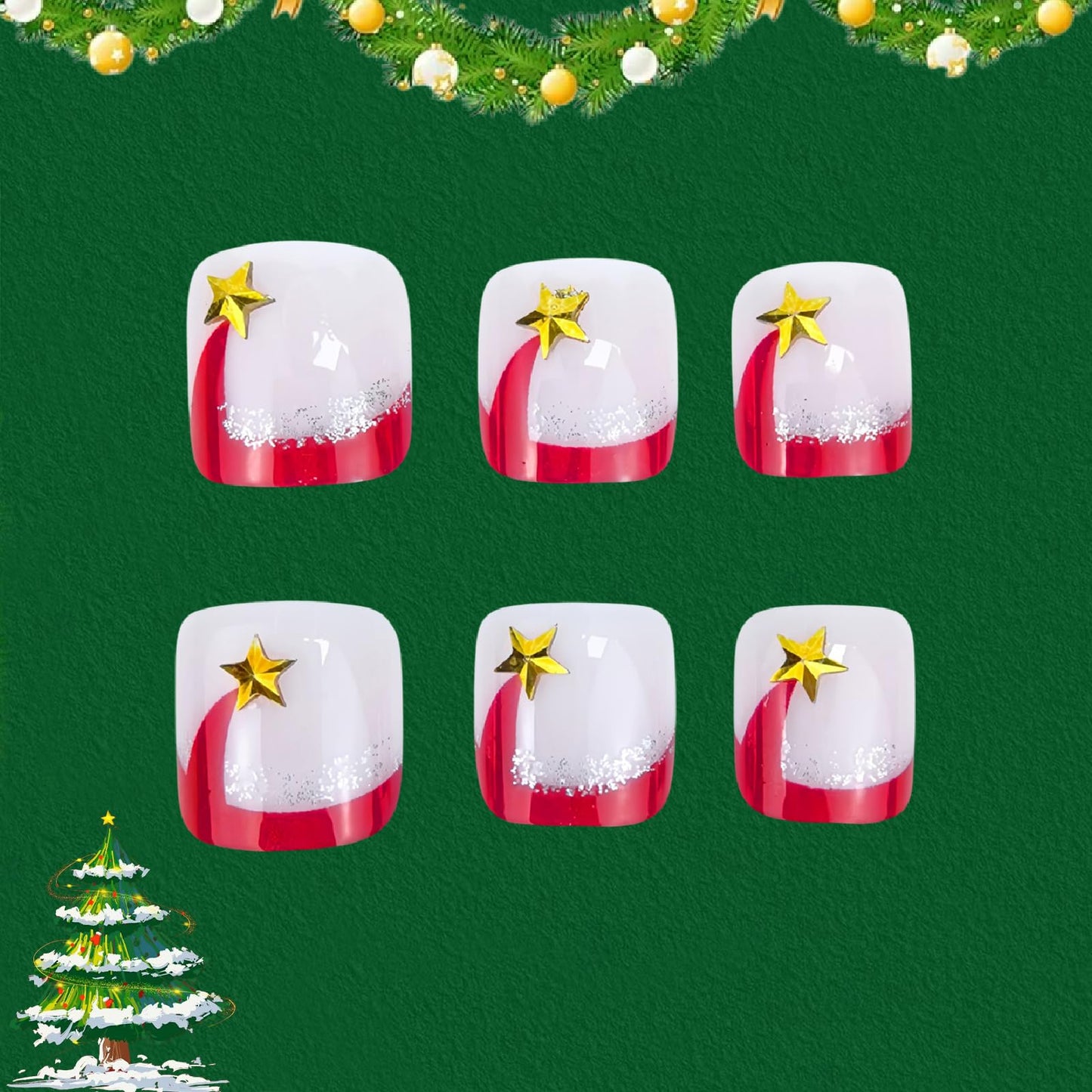 Christmas Red French Press on Toenails Short Square Fake Toenails Santa Hat Toe Nail Tips Silver Glitter French False Toenails Full Cover Glossy Christmas Acrylic Toe Nails Decorations for Women 24Pcs