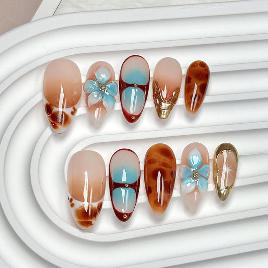 Medium Press on Nails Almond - Handmade Fake Nails with Flower Gold Line Deisgn - Ombre Brown False Nails Fall Nails Press ons for Women - (Size M)