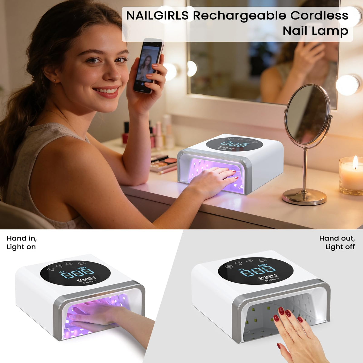 NAILGIRLS Cordless Rechargeable UV LED Nail Lamp, 150W UV Light for Gel Nail, Nail Lamps for Gel Polish with 4 Time Setting, Portable UV Nail Light, Professional Fast Curing Lamp for Salon