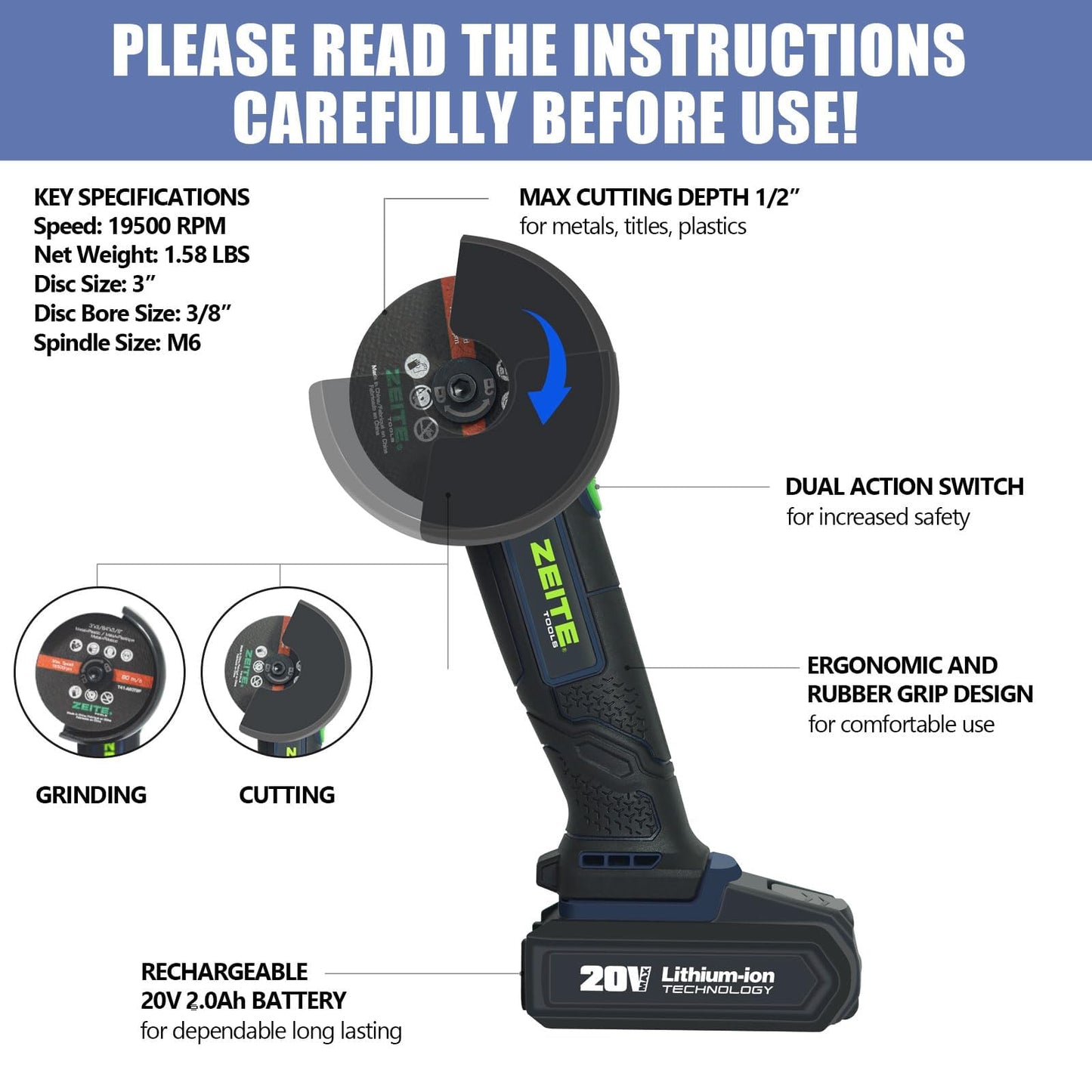 ZEITE 3" Cordless Cut Off Tool,20V Mini Multi-Cutter,Portable Metal Chop Saw,Max Cutting Depth 1/2",3 Cutting Discs & 1 Flap Disc,2.0Ah Battery and Fast Charger