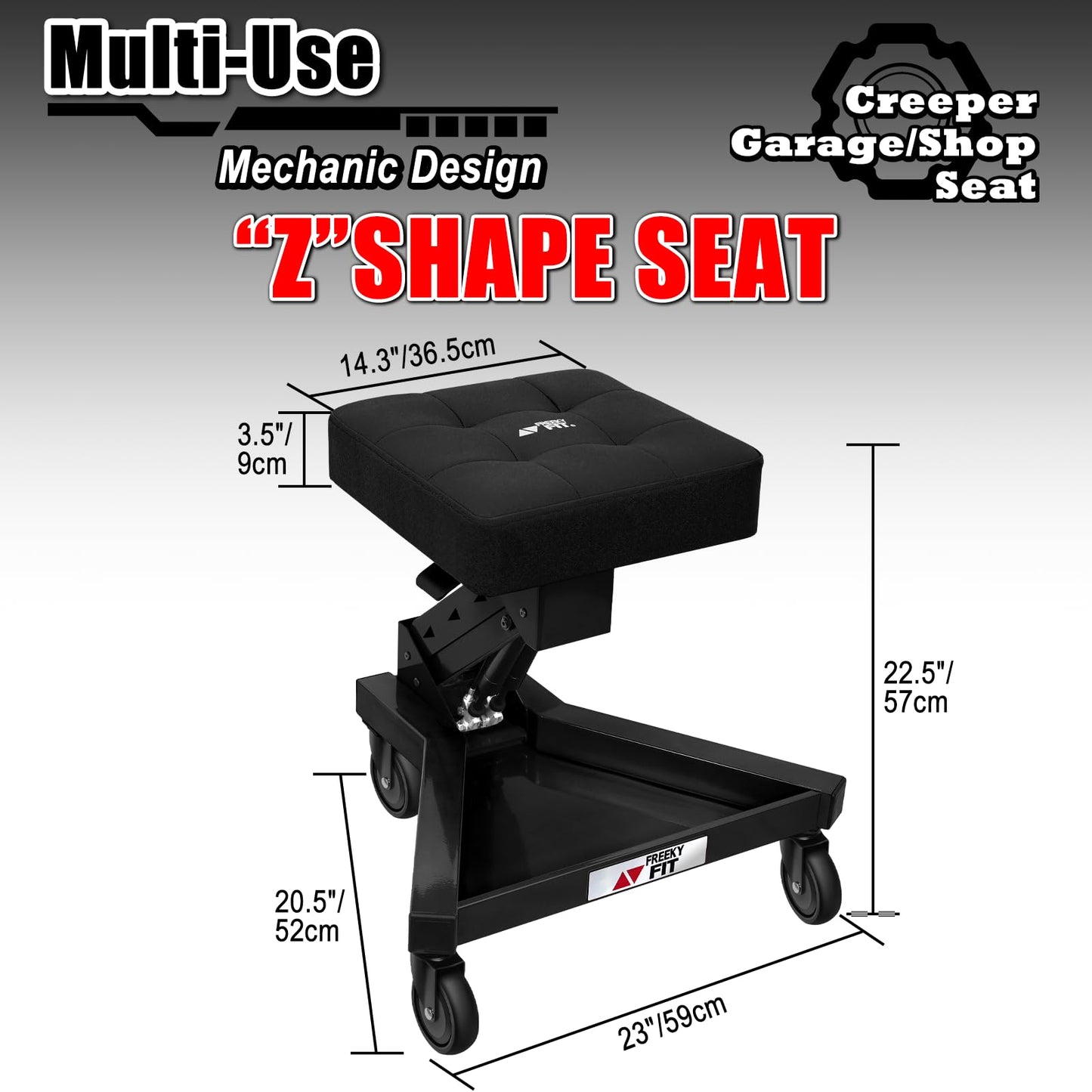 FreekyFit Mechanic Stool with Wheels, Hydraulic Adjustable Shop Stool on Wheels, Garage Work Rolling Chair for Workshop, 400 LBS Capacity, 4 Inch Casters, 360° Swivel Casters Roller Chair, Black