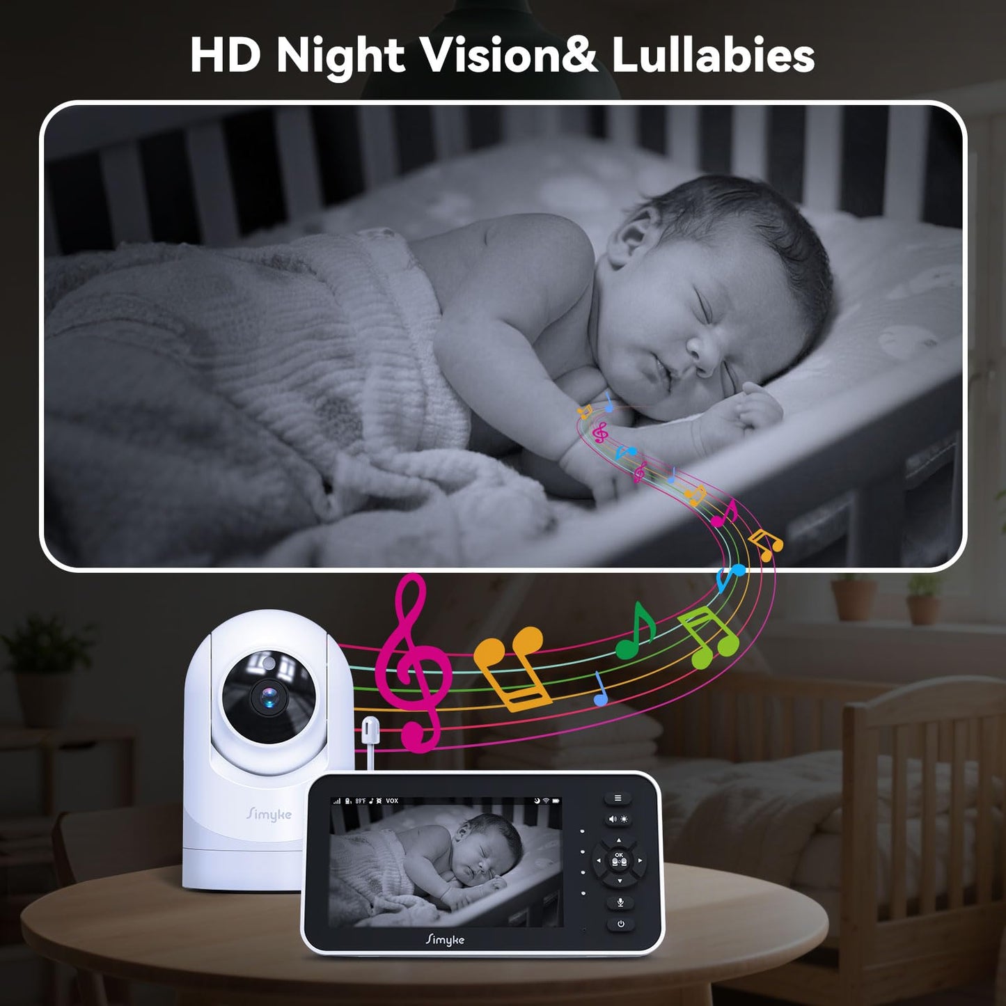 Simyke Video Baby Monitor with Camera and Audio,5inch Screen,720P,No Wifi or Free Smartphone App Mode,Remote Pan/Tilt/Zoom Camera,Lullabies,Feeding Remind,Night Vision,VOX,2-Way Talk,1500ft long Range