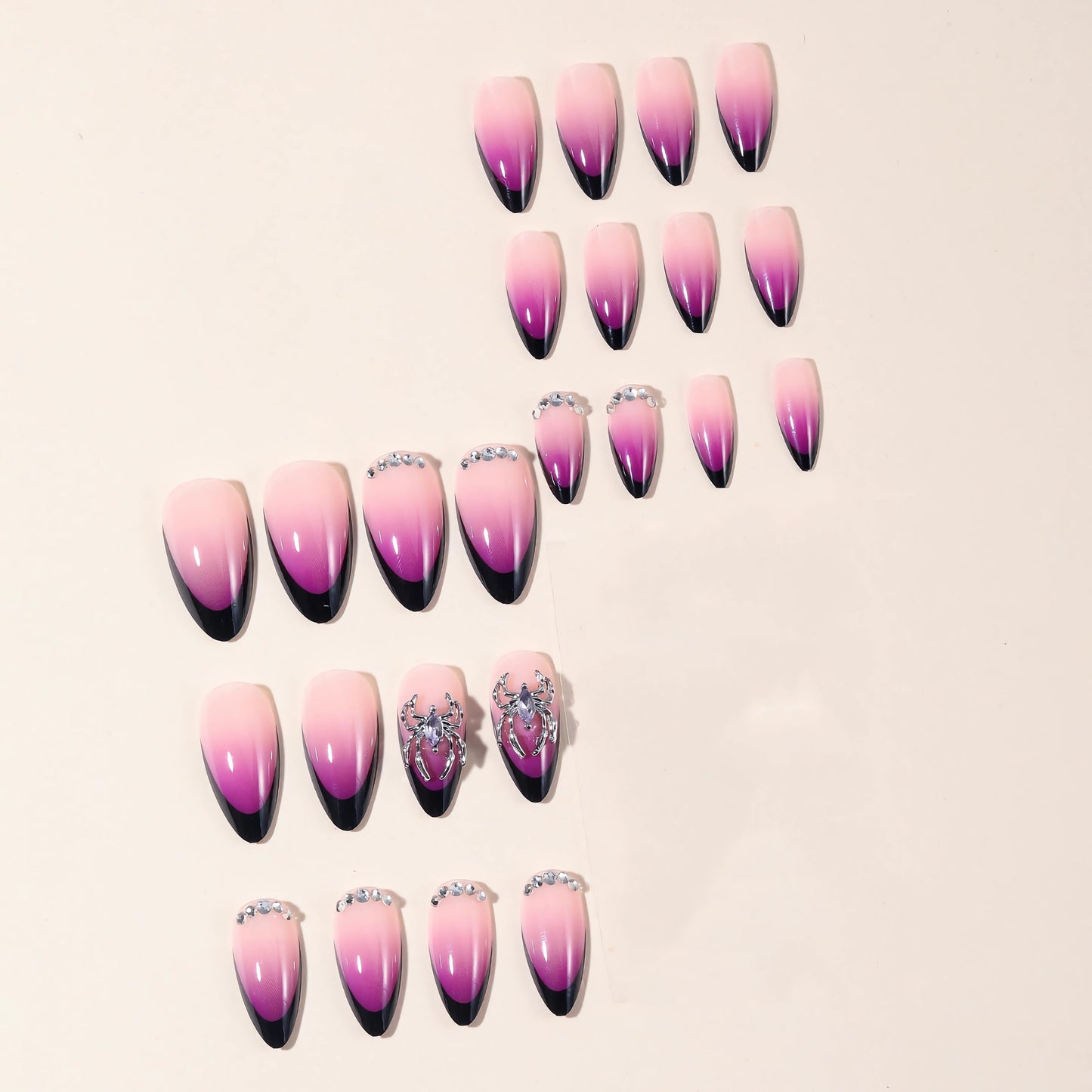BABALAL Medium Almond Press on Nails, Black Gothic French Tip Acrylic Nails with Spider Charm and Purple Ombre Design, 24Pcs Halloween Full Cover Glue on Nails for Women and Girls