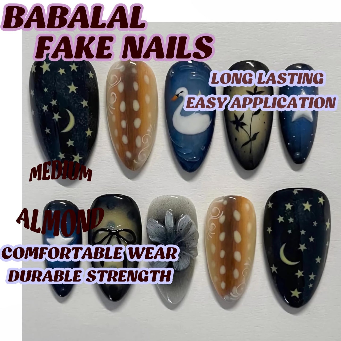 BABALAL Press on Nails Medium Almond Fake Nails Black Blue Glue on Gothic Swan Bow Anime Print False Acrylic Nails Cute 24Pcs Custom Stiletto Full Cover for Women Girls