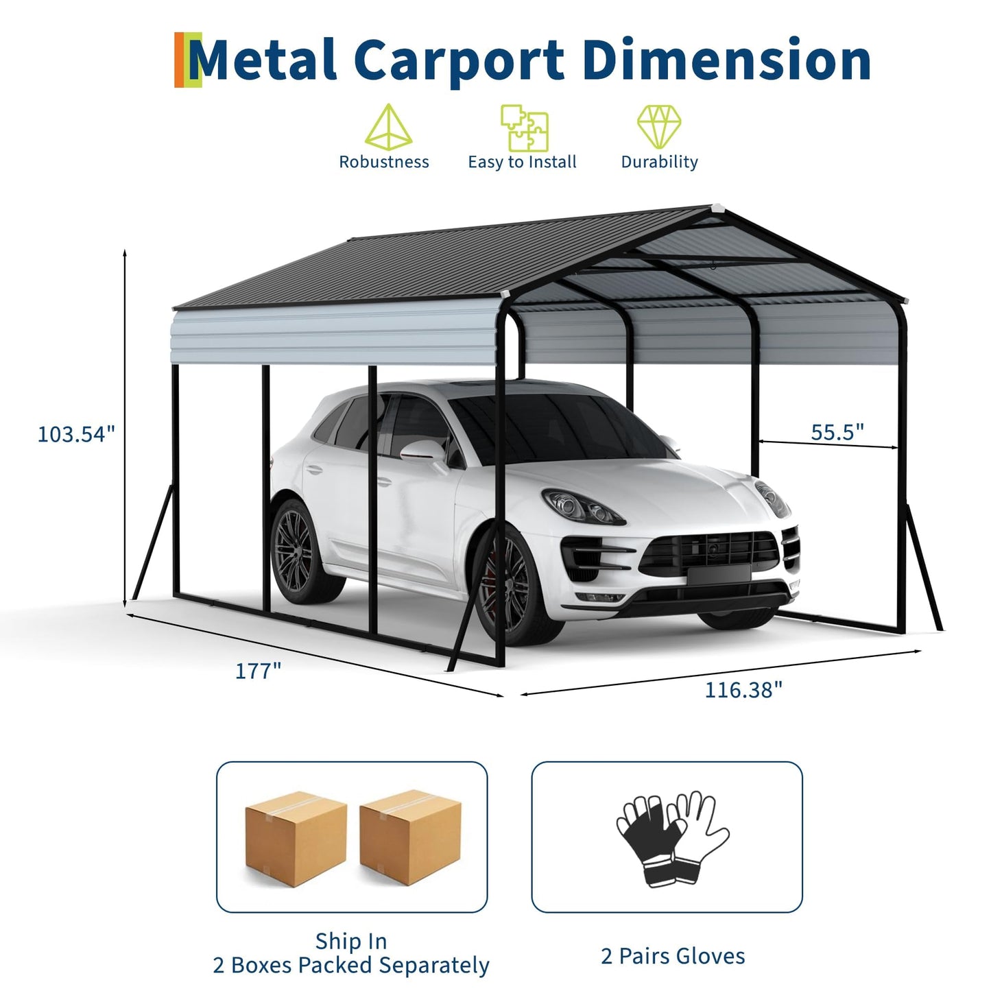 10x15 FT Heavy Duty Metal Carport with Galvanized Steel Roof & Frame, All-Weather Portable Car Shelter for Cars, Trucks & Boats, Wind & Snow Resistant with Reinforced Base