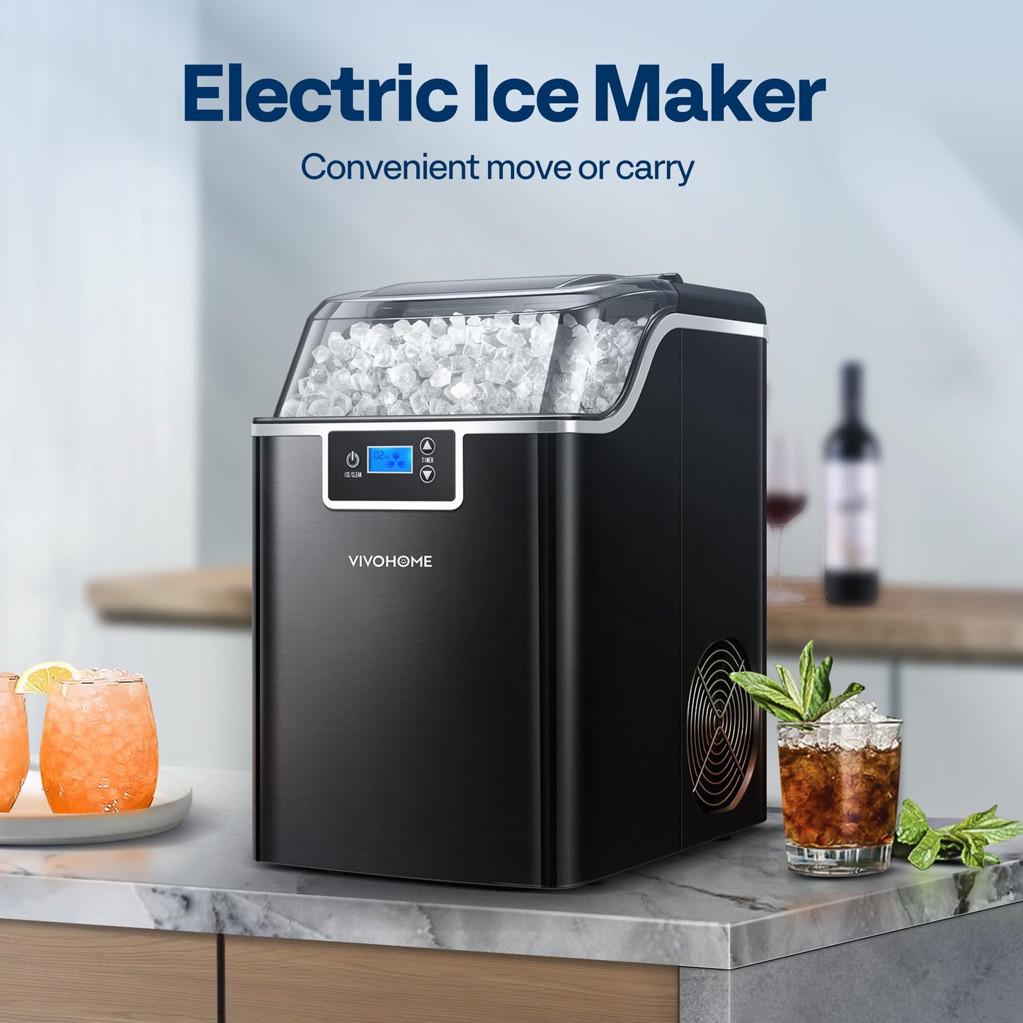 VIVOHOME Nugget Ice Maker Countertop, Portable Pebble Ice Maker Machine with 44lbs/Day, Soft Chewable Pellet Ice Machine with Self-Cleaning, Scoop, 10 Ice Bags, for Home Kitchen, Party, RV, Camping