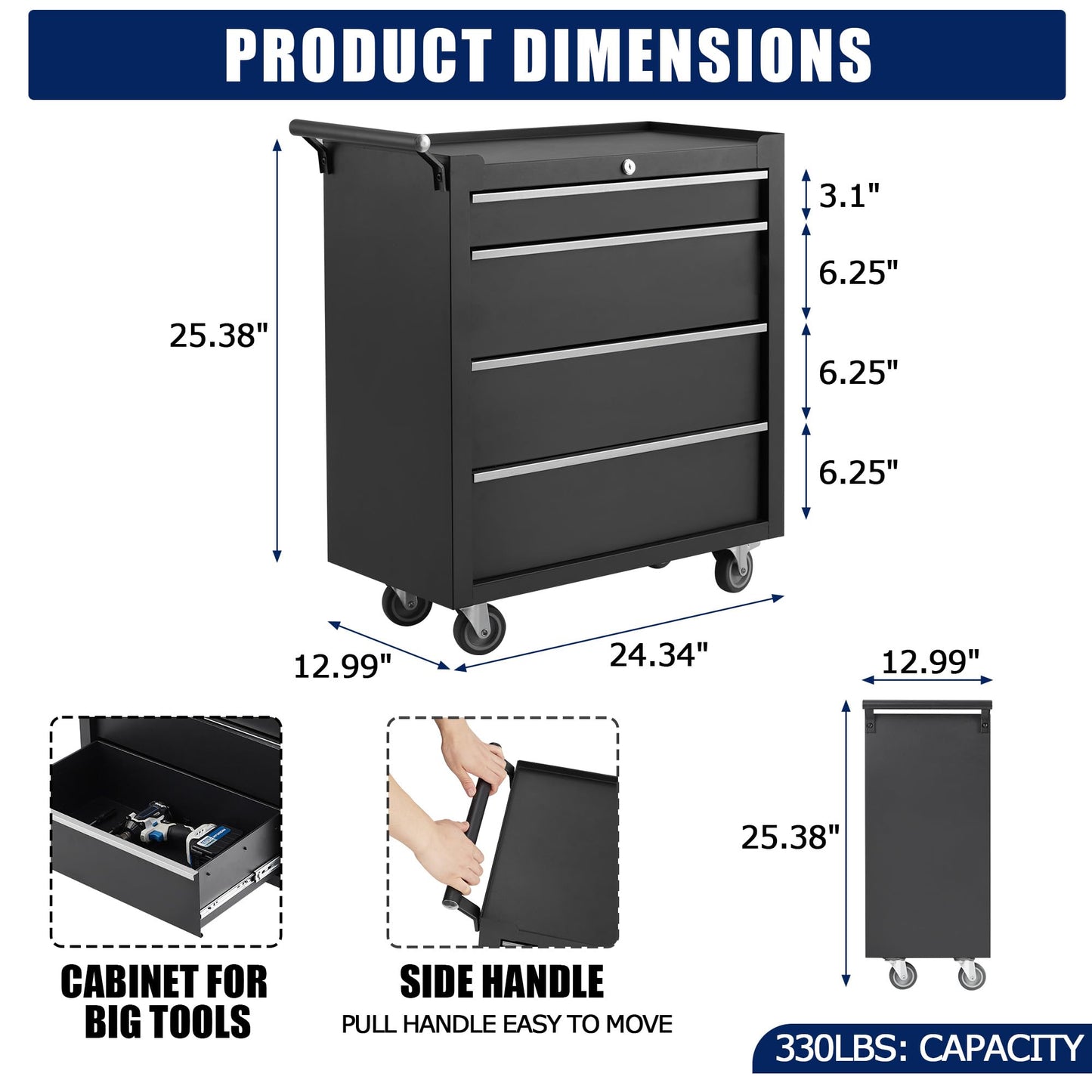 Rolling Tool Chest, 4 Drawers Tool Storage Cabinet with Wheels, Portable Tool Cabinet Organizer with Locking System & Drawer Liners,Universal Lockable Wheels, Tool Storage Cart for Garage, Workshop