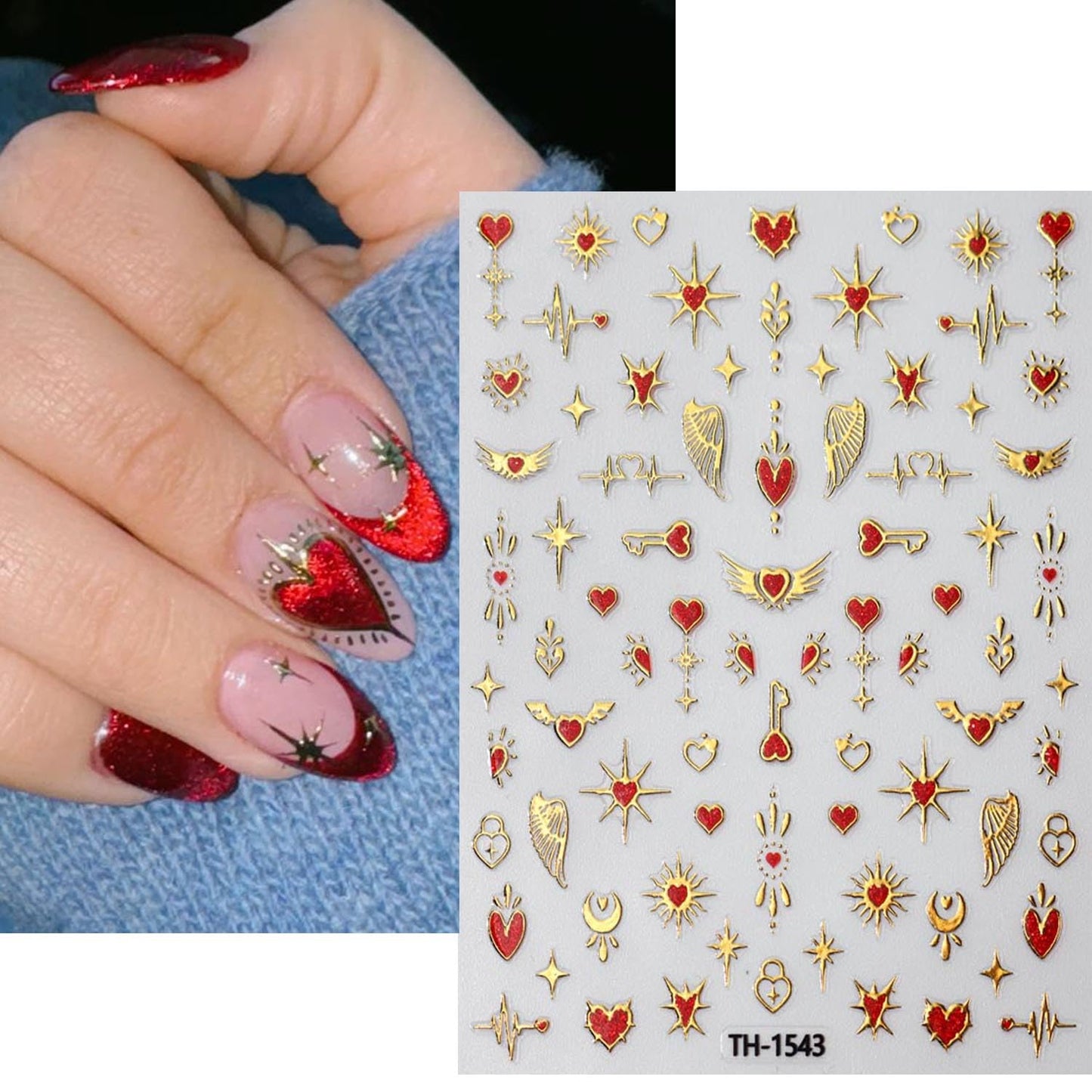 Gold Love Heart Nail Art Stickers Romantic Valentine's Day Red Heart Nail Supplies Love Bow Star Nail Stickers Stars Sun Moon Starlight DIY Transfer Decals Designs Nail Tip French Manicure Decor 3Pcs