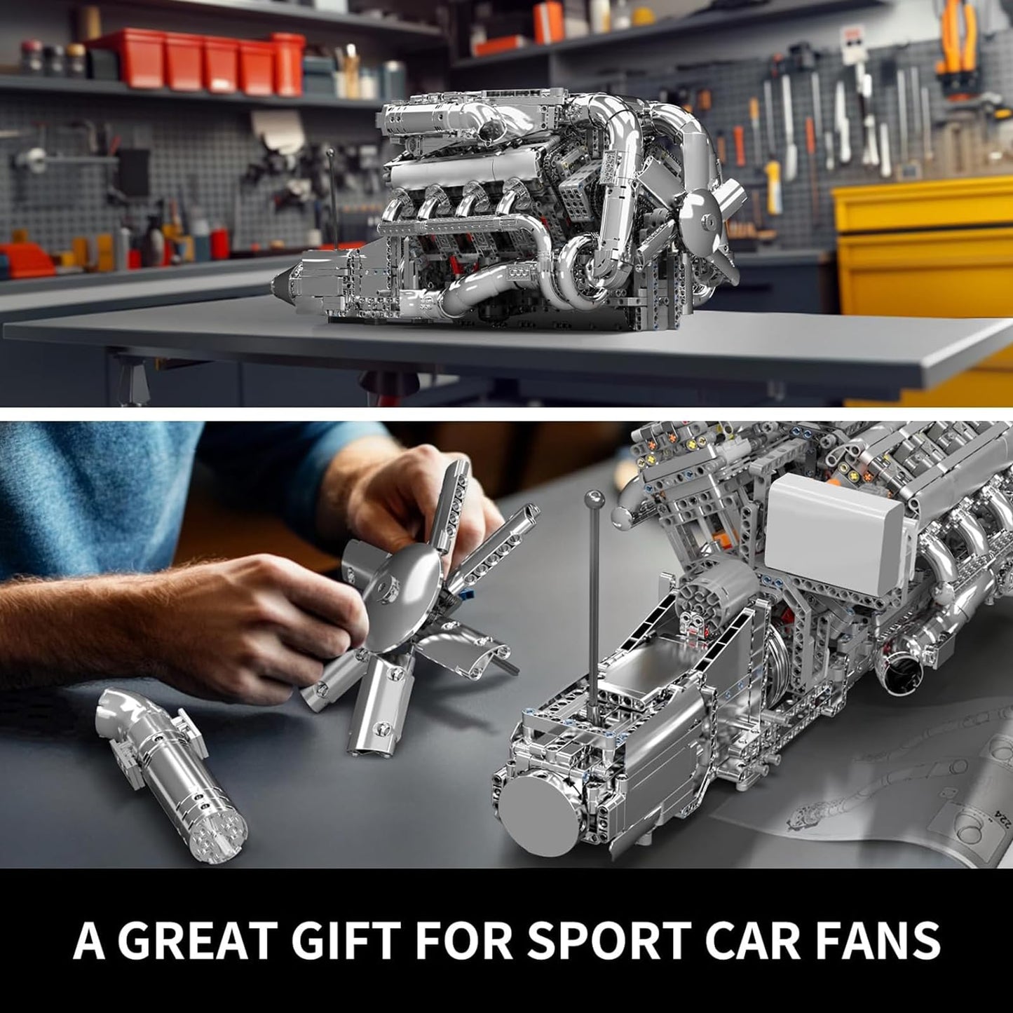 Mould King V8 Twin-Turbo Engine Model Kit That Runs, Mini Engines Building Blocks Set for Adults with Battery and Motor, Engineering Construction STEM Toy for Teens(2899 PCS)