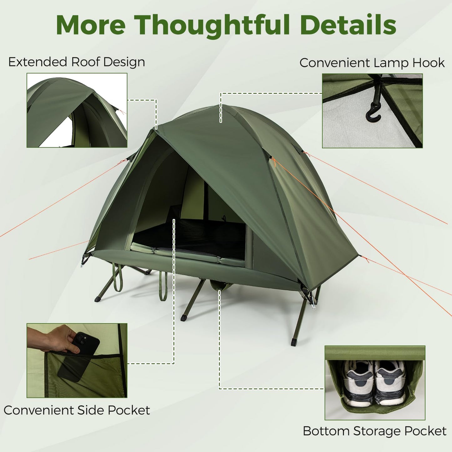 Tangkula 2 Person Tent Cot, Portable Off Ground Elevated Camping Tent with Cot, Removable Rainfly, Wheeled Bag, Stakes & Wind Ropes for Picnic, Hiking, Travel, Beach