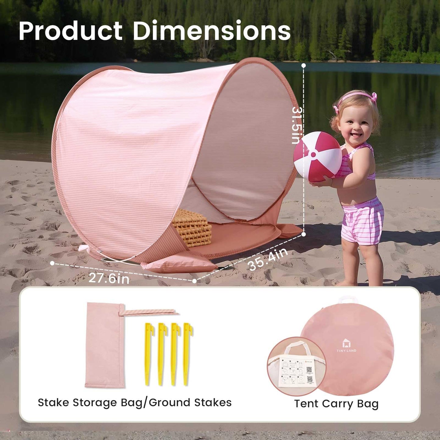 Tiny Land Baby Beach Tent – Pop Up Baby Tent with UV Protection, Portable Baby Beach Essentials, 35"x28"x32" Sun Shelter for Infants, Baby Outdoor Use (Pink)
