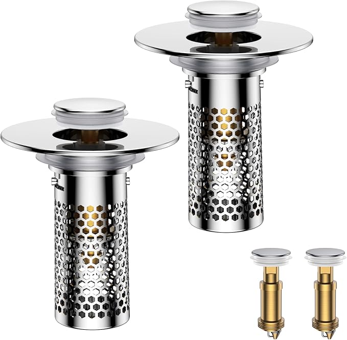 Bathroom Sink Drain Strainer,Universal Pop-Up Sink Stopper Hair Catcher, Anti-Clog Stainless Steel Drain Filter Basket, Removable Sink Drain for Bathroom Sink Stopper (YSilver-2Ã¯Â¼Âwith BuckleÃ¯Â¼Â)