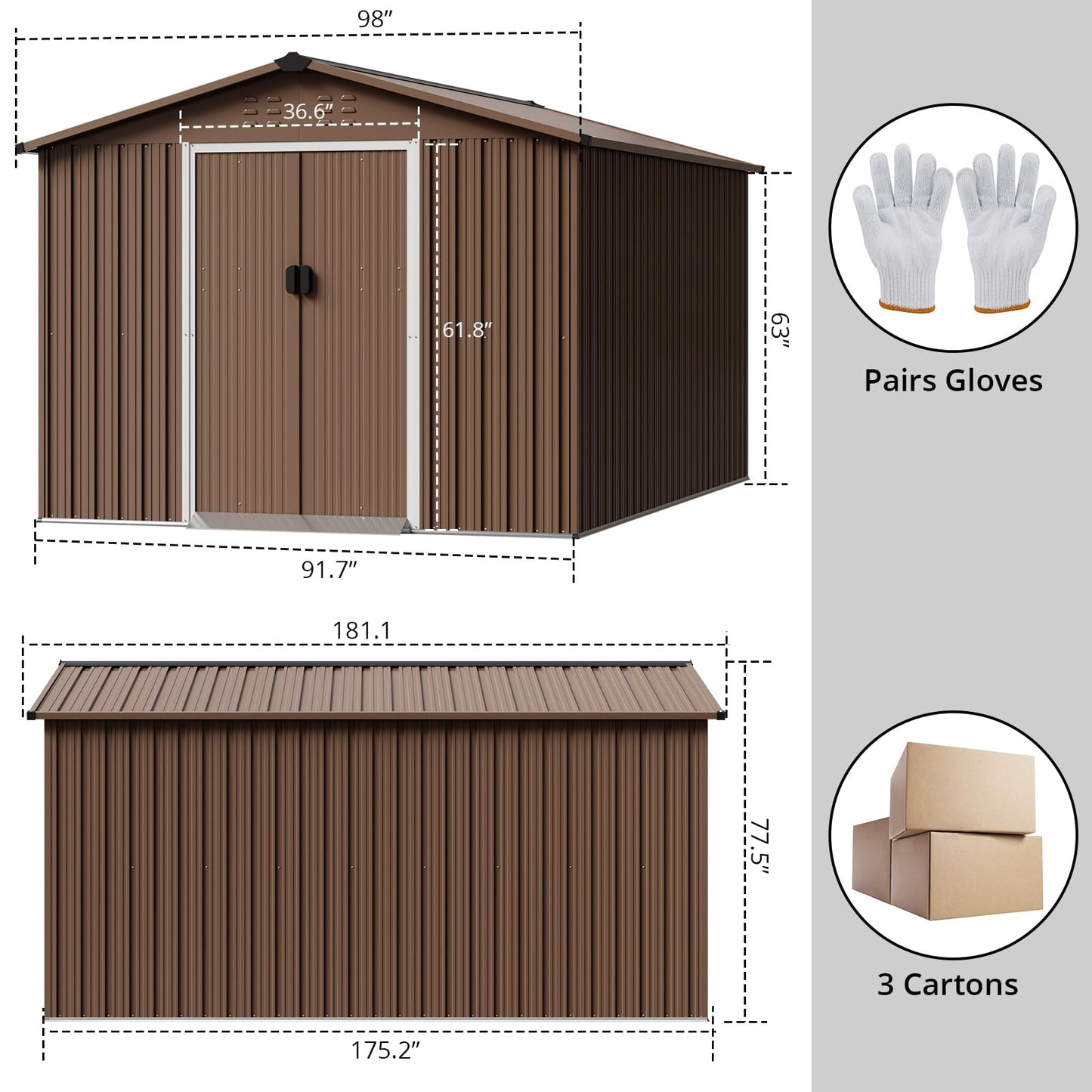 Garvee 8x15 Ft Outdoor Storage Shed, Galvanized Steel Tool Metal Sheds & Outdoor Storage with Sloping Roof, Lockable Doors & Vents for Garden, Backyard, Patio, Lawn, Brown
