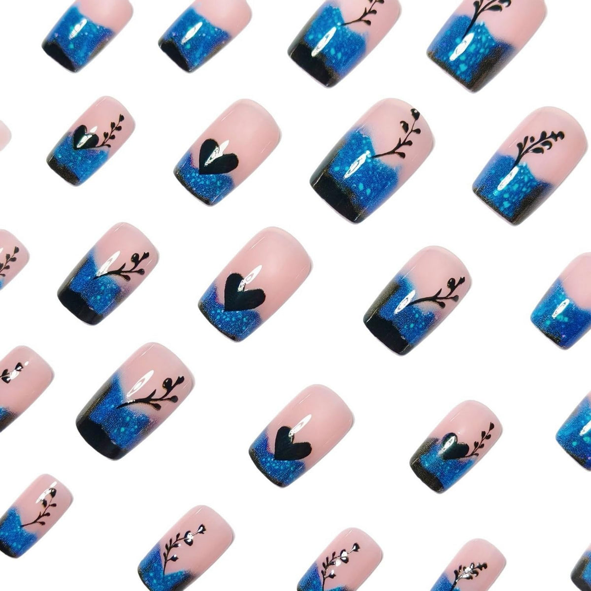 Blue Gradient French Tip Press on Nails Short Square Shaped False Nails Heart Love Pattern Designs Glitter Acrylic Fake Nails Full Cover Glossy Artificial Stick on Nail Women Nail Art DIY 24 Pcs
