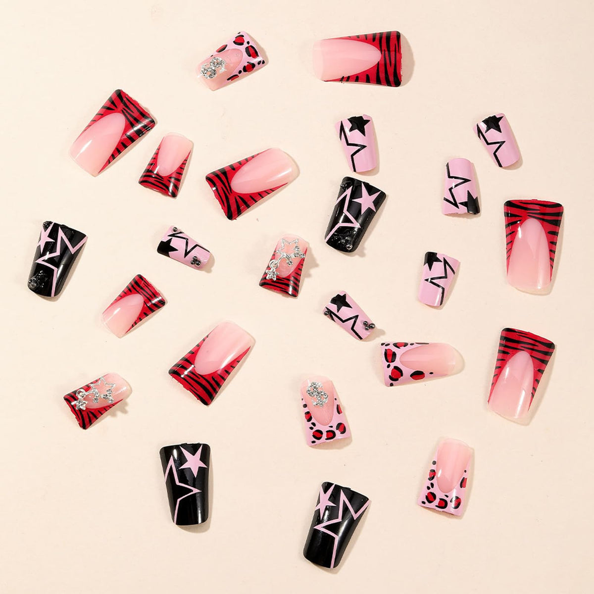 IMSOHOT Y2K Duck Press on Nails Pink Black French Tips Fake Nails Full Cover Star Print Artificial False Nails Cute Duck Feet Medium False Nails for Women 24PCS