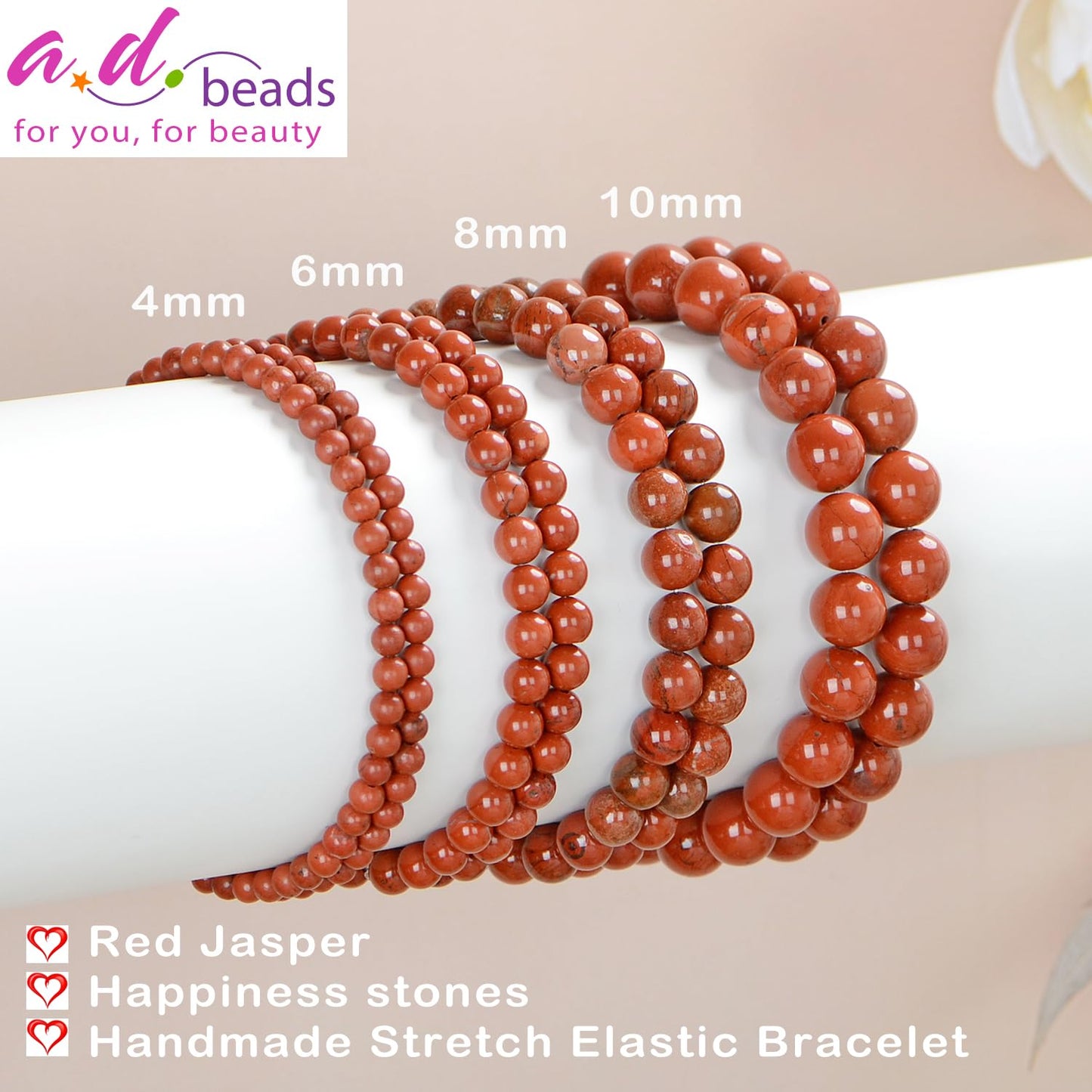 AD Beads Handmade Gemstone Stretch Elastic Bracelet Crystal Healing Reiki Nature's Beauty and Spiritual Essence Unisex (4mm, Red Jasper)