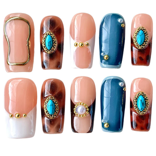 Handmade Press on Nails - Turquoise & White French Tip Short/Medium Square Shape, Amber Print Acrylic Reusable False Nails with Pearl Accents (Turquoise, L)