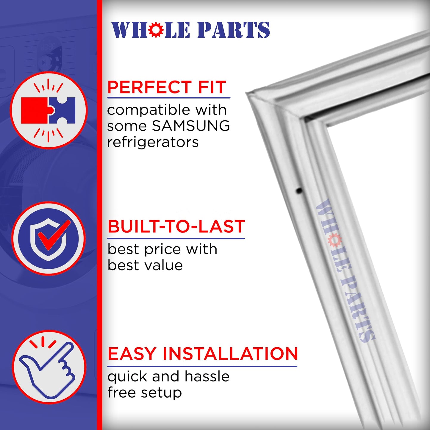 Upgraded Whole Parts Refrigerator French Door Seal Gasket (Magnetic Strip Inside), Part# DA63-06542A - Replacement & Compatible with Some Samsung Refrigerators