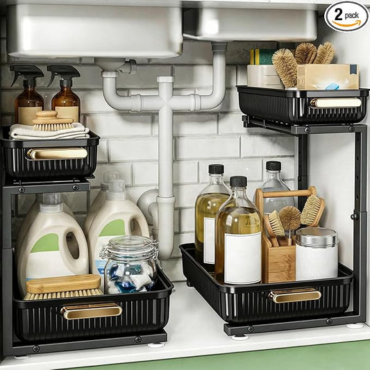 ARSTPEOE Under Sink Organizer - 2 Packs Multi-Purpose Pull-Out Storage Organizers, Slide out Pull out Metal Cabinet Organizer Shelf, Storage for Kitchen Bathroom, Black