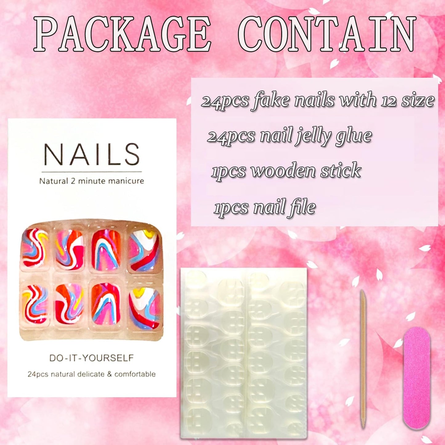 Vezocim Press on Nails Square Short 24Pcs Press on Nails with Colorful Wavy Line Designs Glossy Full Cover Acrylic Extra Short Coffin False Nails Glue ons Fingernails Artificial Fake Nails for Women