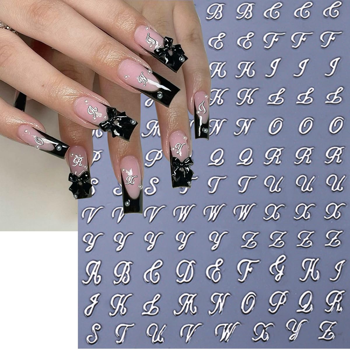 8 Sheets Letter Nail Art Stickers Old English Letter Nail Decals 3D Self-Adhesive Gold Silver Black White Retro Nail Decor Cute Nail Design Stickers Alphabet Cursive Nail Art Supplies for Women DIY