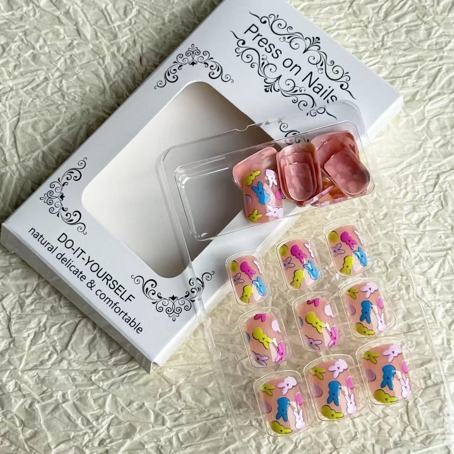 24pcs Easter Press on Nail Short Square Fake Nails Cute False Nails with Funny Bunny designs Colorful Stick on Nail Glossy Nude Pink Press ones Full Cover Reusable Glue on Nails for Women Girls