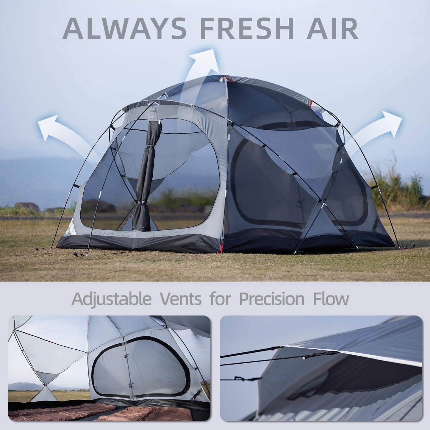 EchoSmile Tents for Camping, Waterproof Windproof Tent with Multi-Pole, 3-5 Person Spacious Dome Tent with Expandable Space for Shoes, Packs & Wet Items, Easy Setup Tent for Camping & Hiking-Gray