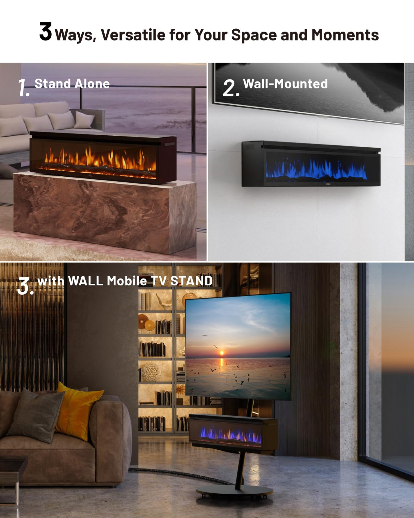 WALL FLAMEBAR Electric Fireplace Freestanding, Wall Mounted, Movable w/TV Stand – WiFi Enabled,750/1500W Heater, 1500 Flame Color Combinations, for Living Room or Bedroom, Modern 40" Wide