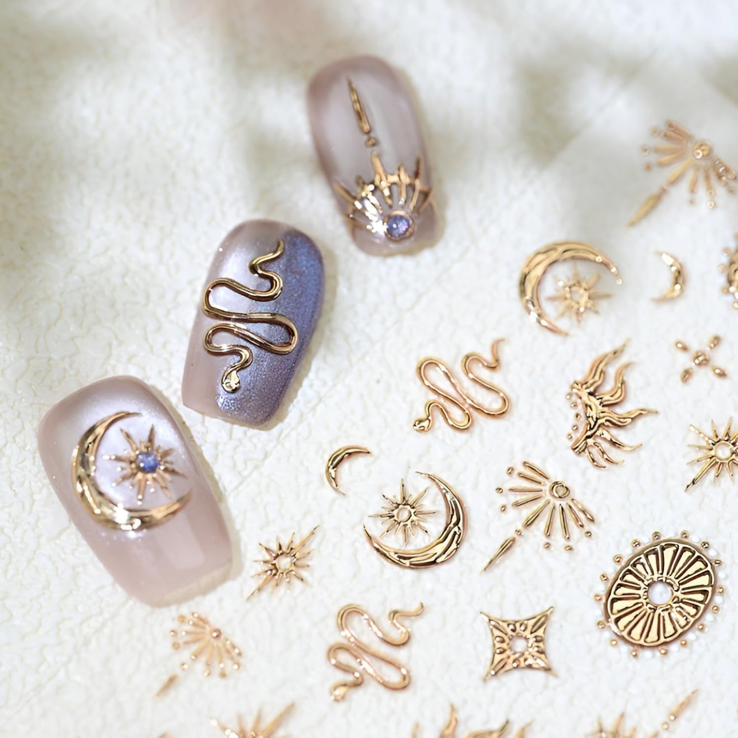 2 Sheet Snake Nail Stickers Silver Gold Nail Art Stickers Decals with Moon Sun Design Nail Stickers for Nail Art 5D Embossed Manicure Decoration for Women Nails Supplies