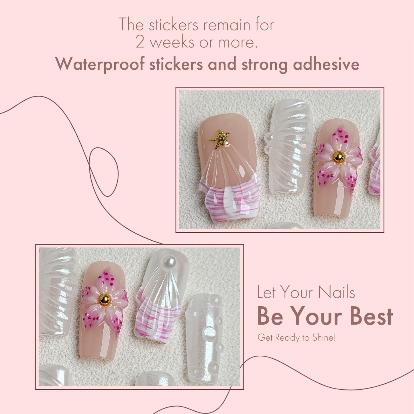 Pink Shell Dream Romantic 3D Floral Pearl Press on Nails, Elegant Girly Acrylic UV Gel Fake Nails for Women, Cute Press-Ons for Date Party Daily Wear (Pink, S)