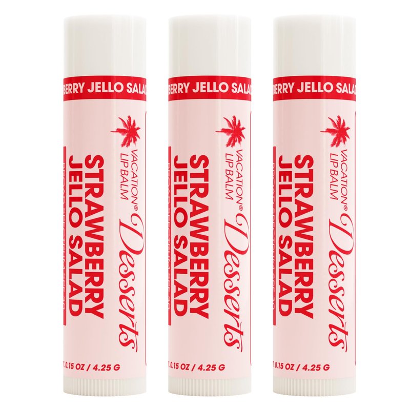 Vacation Strawberry Jello Salad SPF 30 Lip Balm, Pack of 3 - Hydrating Sunscreen for Lips, Water-Resistant, Lightweight, Transparent Sheen, Vegan