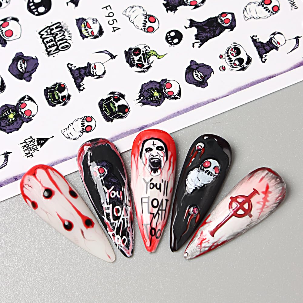 8 Sheets Halloween Nail Art Stickers 3D Punk Goth Nail Decals Evil Skull Rose Snake Nail Designs Sticker Self-Adhesive Halloween Nail Art Supplies Horror Zombie Nail Decorations for Women Manicure