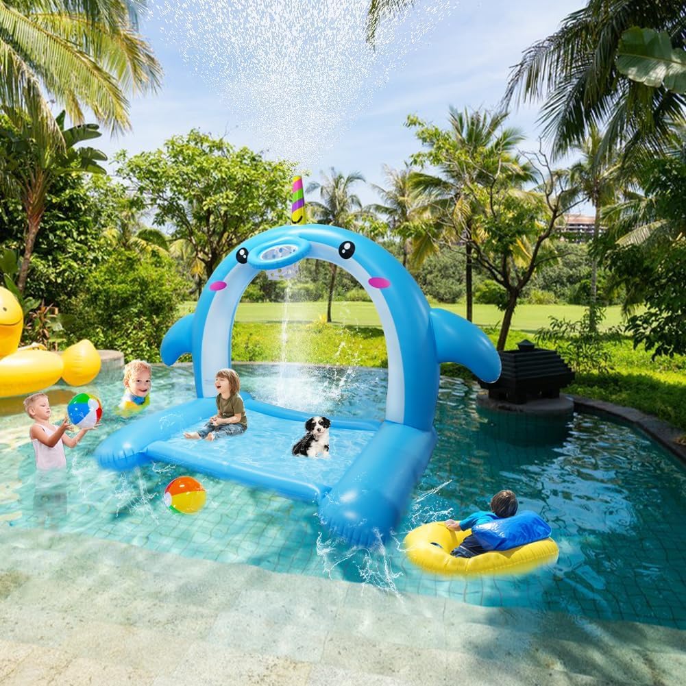 8.7FT Inflatable Whale Sprinkler Water Toys with Basketball Hoop Arch, 3-in-1 Large Splash Pad for Kids & Dogs, 16 LED Lights, Thickened Mat Toys for Outdoor Backyard & Garden Summer Fun