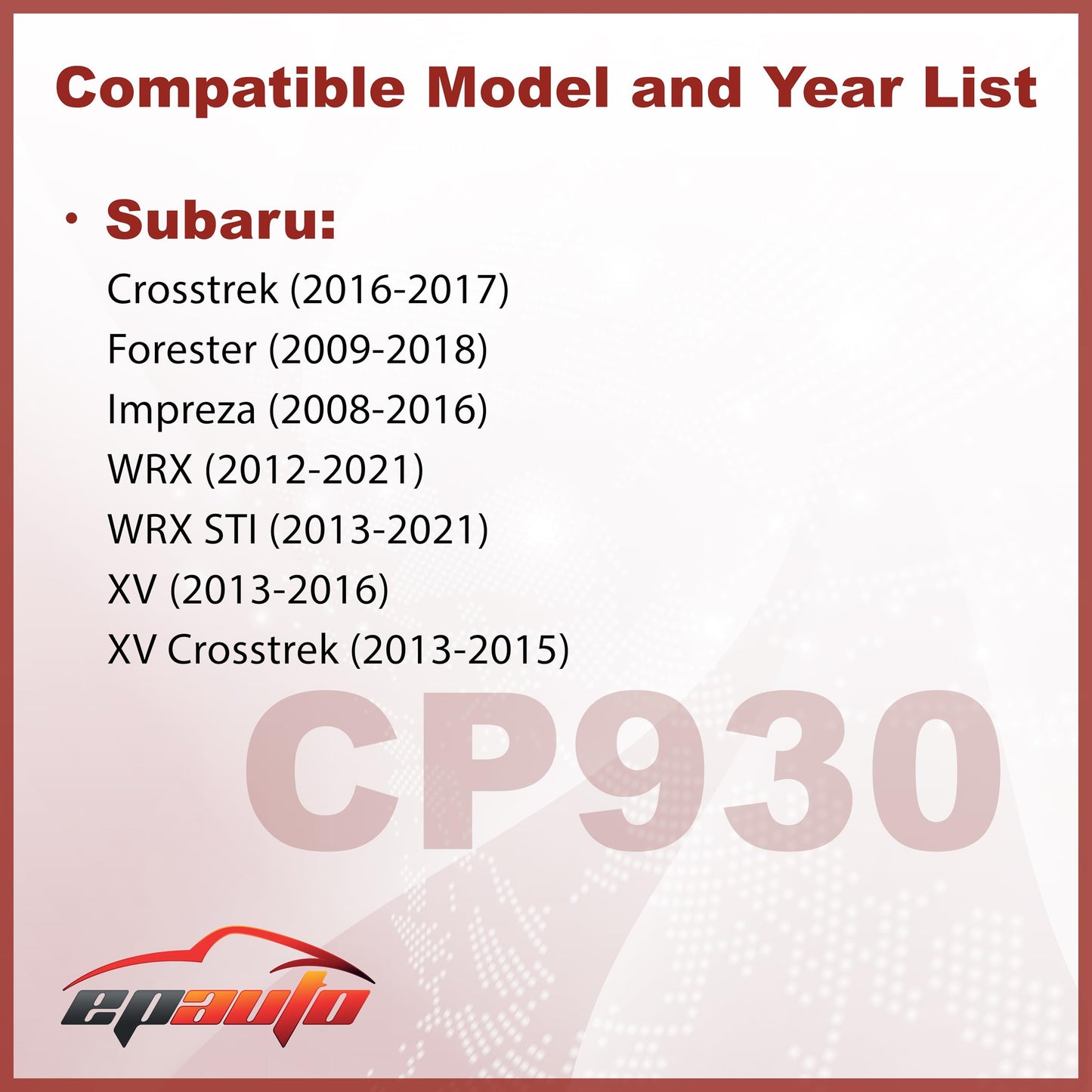EPAuto CP930 (CF10930) Cabin Air Filter Replacement for Subaru Forester (2009-2018), WRX (2012-2021), WRX STI (2013-2021), Impreza (2008-2016), Crosstrek, XV Crosstrek (2013-2017)