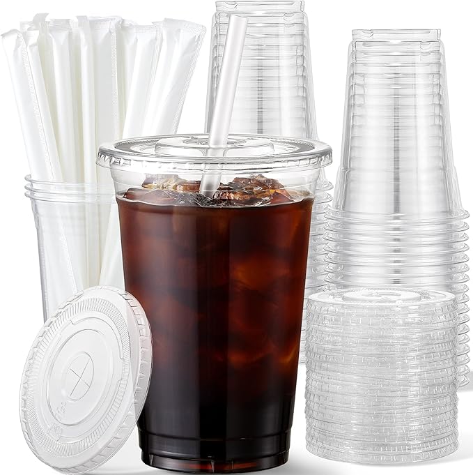 AOZITA 20 oz Plastic Cups with Lids and Straws, 50 Pack, Disposable Iced Coffee Cups with Lids for Cold Drinks, Iced Tea, Milkshakes, Smoothies - Durable & BPA Free