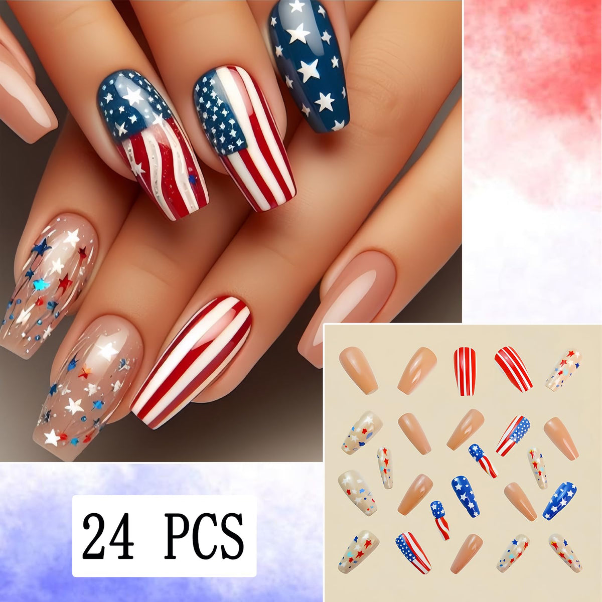 24Pcs Independence Day Glitter Stars Press on Nails Medium Square 4th of July Nude Fake Nails American Flag Design False Nails Full Cover Memorial Day Nails for Women Manicure Decoration
