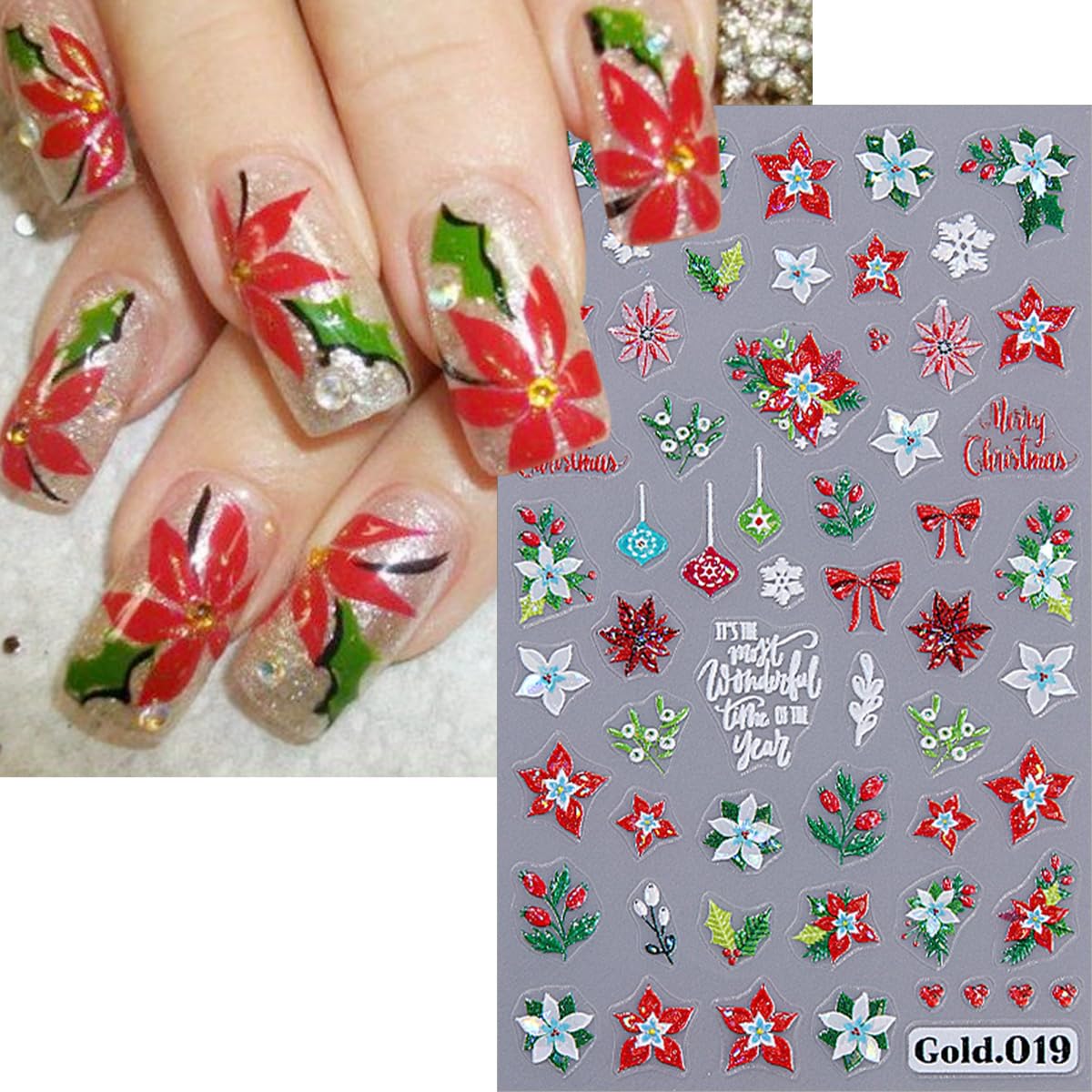 2 Sheets Christmas Nail Stickers for Nail Art 5D Embossed Flower Nail Art Stickers with Snowflake Bow Cherry Leaf Design Winter Nail Decals Nail Art Supplies for Women Acrylic Manicure Decorations