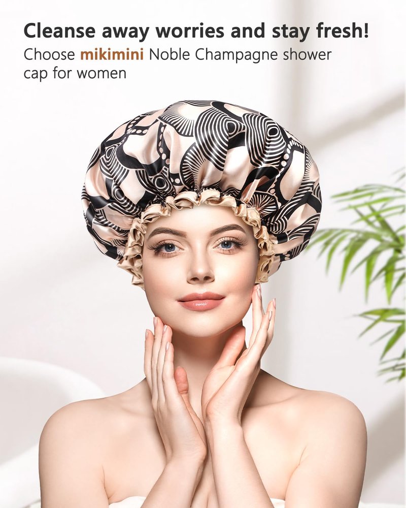mikimini Shower cap for Women and Girls,Champagne Shower Caps with Lace, Double Layer Waterproof, Reusable, Washable, High-quality,Medium (Pack of 1)