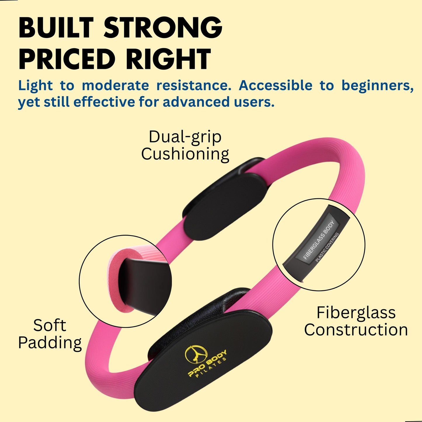 ProBody Pilates Fitness Circle – 14 Inch Pilates Ring for Yoga and Other Workouts, Focusing on Toning Inner Thighs, Arms, Core and Back, at Home Pilates Equipment (Yellow)
