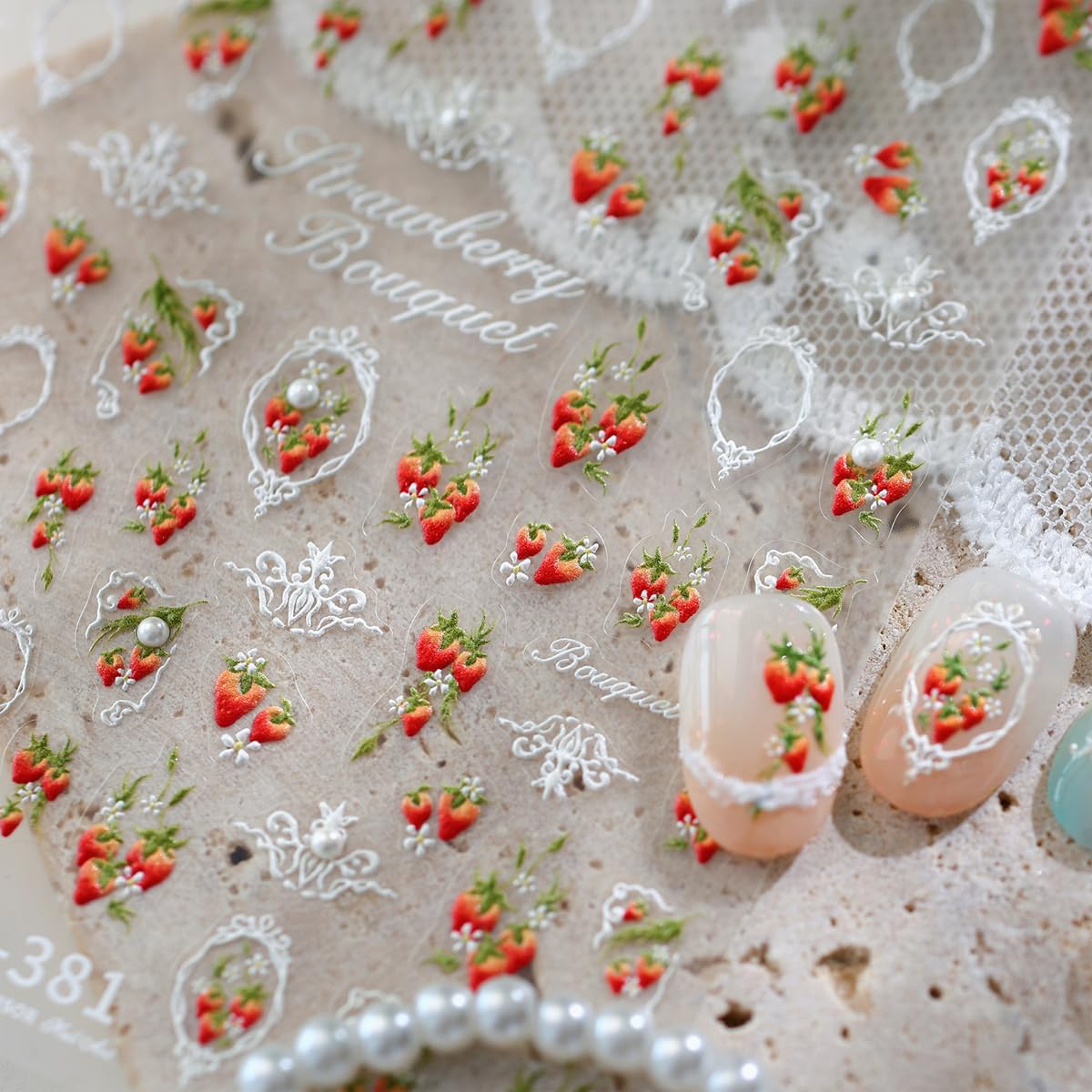 5D Embossed Nail Stickers Strawberry Nail Decals 3D Lace Frame Nail Art Stickers Cute Self-Adhesive Nail Stickers for Nail Art for Women Girls DIY Manicure, 1 Sheet