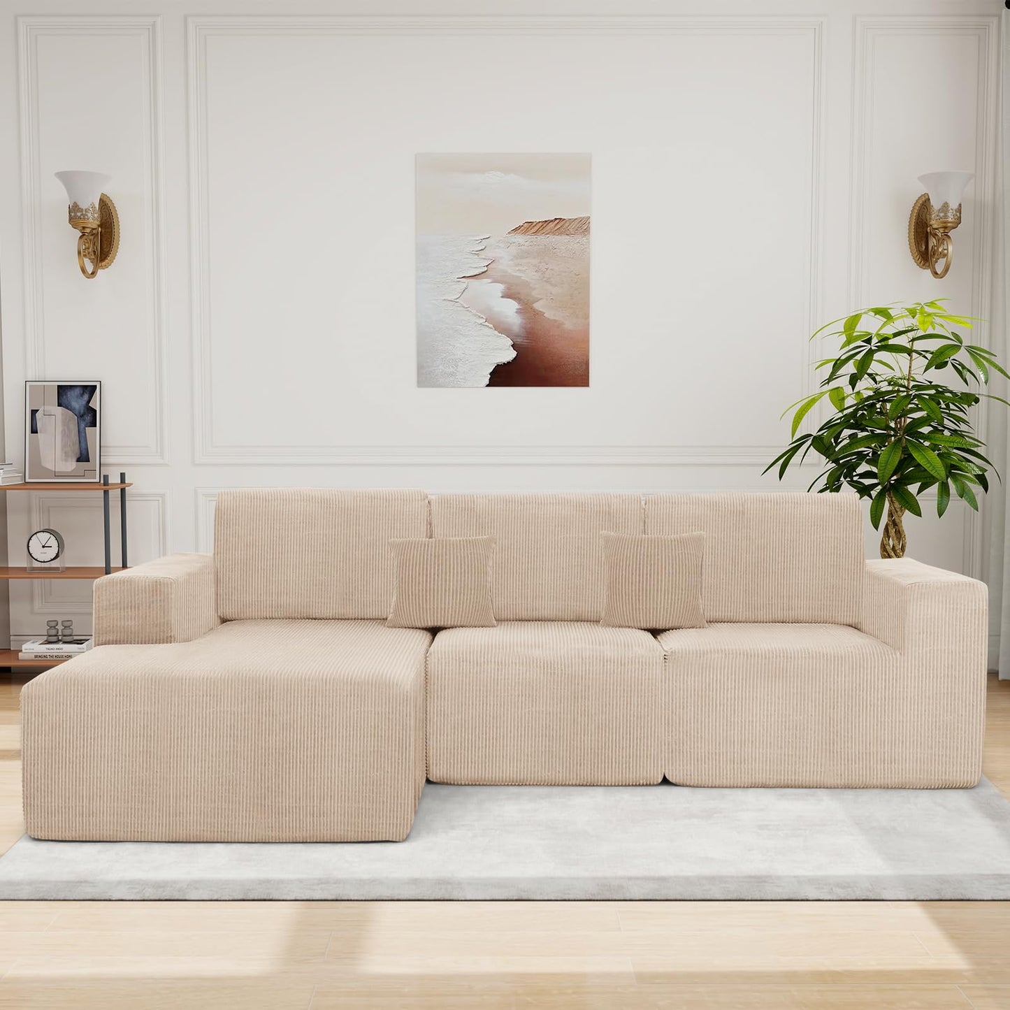 Boneless Couches for Living Room L-Shape Chaise Cloud Couch Modular Sectional 3 Pieces Deep Seat 111" Compressed Couches for Living Room Bedroom with Plush Corduroy Fabric No Assembly Required, Khaki