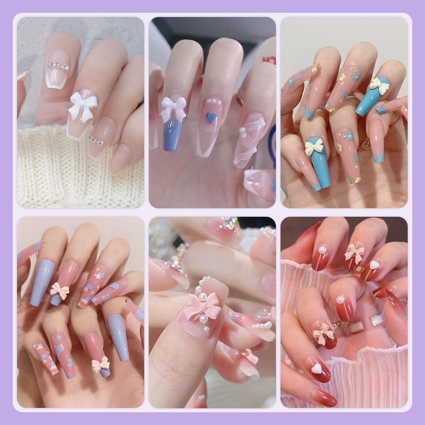 120 Pcs 3D Nail Bow Charms + 2-4mm Nail Pearls Set 9, Pink White Lilac Bow Nail Charms and White Flatback Pearls with Nail Charm Glue Gel(UV Needed) and Pickup Tools for Nail Art Decoration