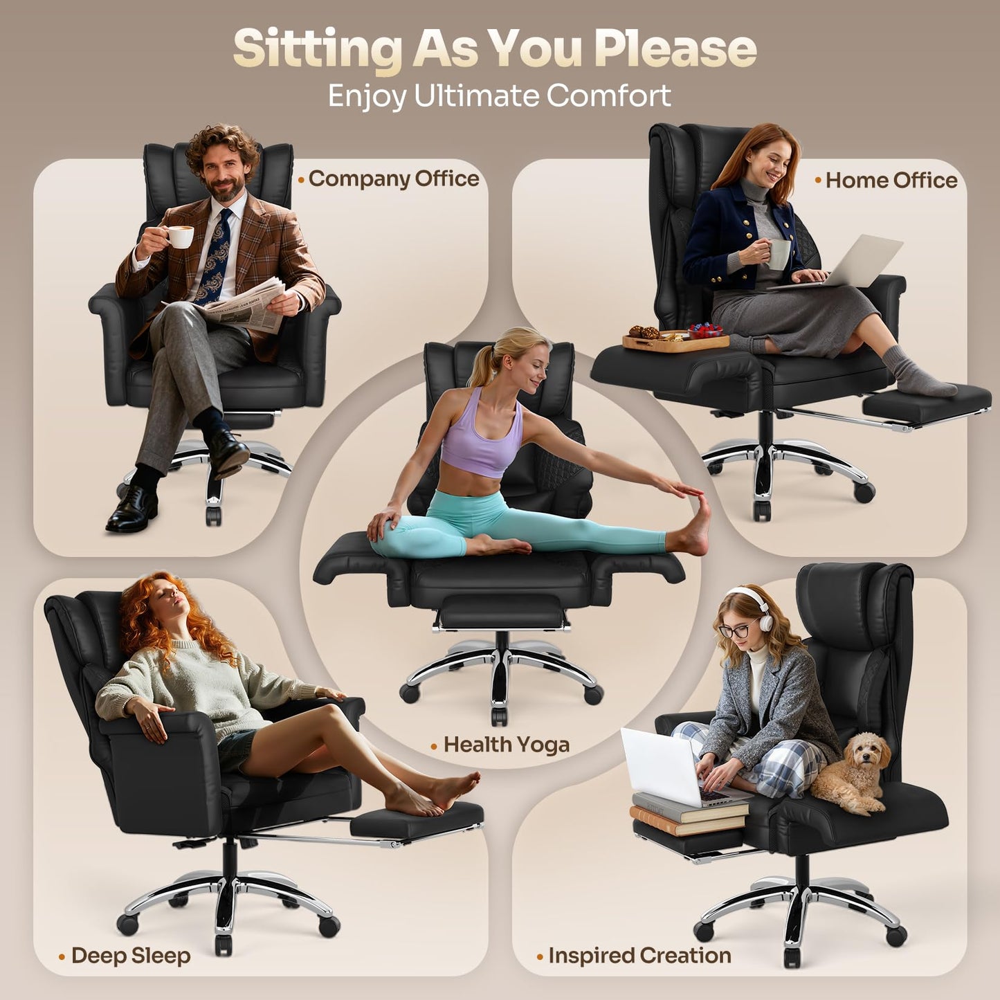 Ergonomic Office Chair with Footrest, Criss Cross Legged Desk Chair with Flip-Up Arms, Wider Thicker Spring Seat, Lumbar Pillow, Pet-Friendly, 500LBS Big and Tall Heavy-Duty Executive Leather Chair