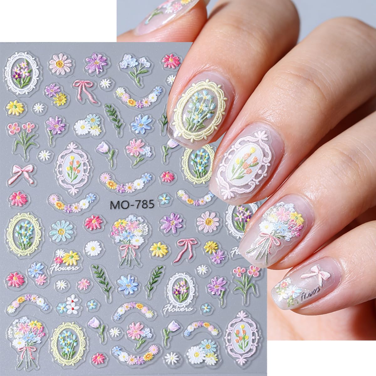 6 Sheets 5D Embossed Spring Flower Nail Art Stickers Colorful Gradient Butterfly Floral Nail Decals French Style Design Flowers Nail Stickers for Women Spring Summer DIY Manicure Supplies