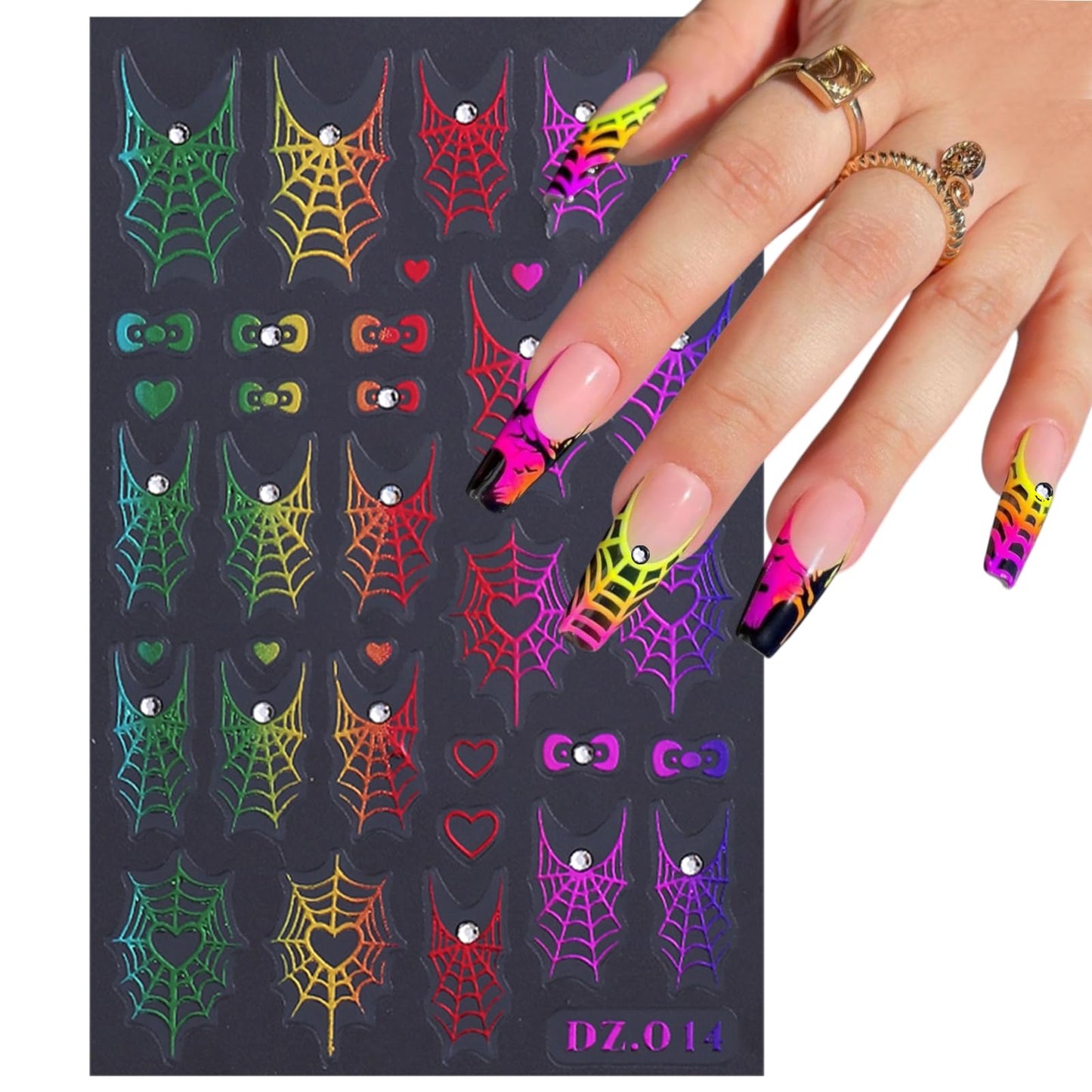 4 Sheets 5D Embossed Halloween Nail Art Stickers Self-Adhesive French Tip Spider Web Nail Decals Laser Gold Silver Rhinestones Spider Nail Designs Stickers Holiday Nails Decoration for Women DIY